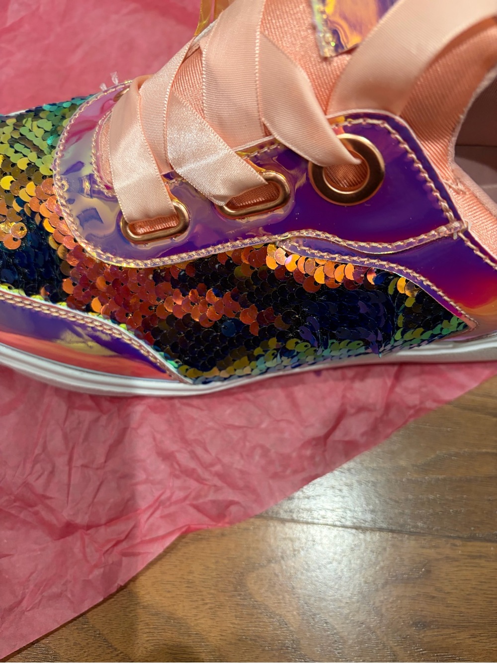 Girls Iridescent Sequin Rainbow Sneakers with Pink Satin Laces - Picture 5 of 8